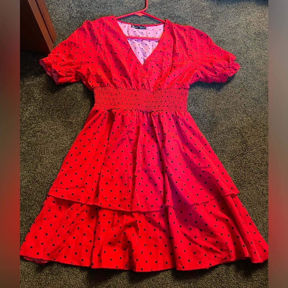 Red fit and flare dress with hearts